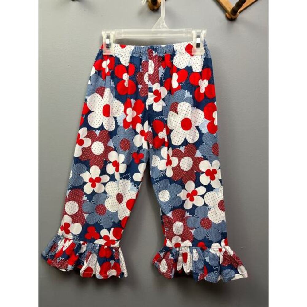 Carolina Kids Pants Girls size 5 red/blue floral flared‎ ruffle legs Boutique